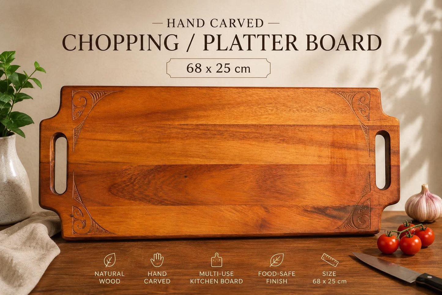 68x25cm hand carved platter/chopping board
